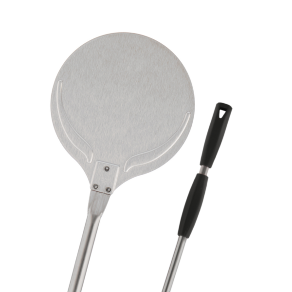 Pala para hornear de acero inoxidable 18/10 con mango deslizante gris.