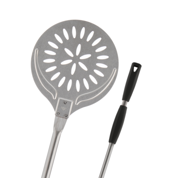 Pala para hornear de acero inoxidable 18/10 perforado con mango deslizante gris.