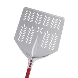 Pala para pizza "Tulip 60°" de aluminio anodizado con perforaciones cuadradas.