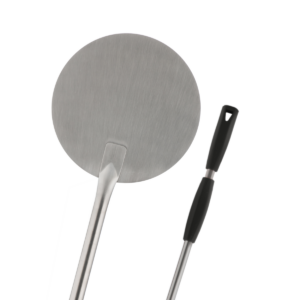 Pala redonda para hornear de acero inoxidable 18/10 con mango deslizante gris.