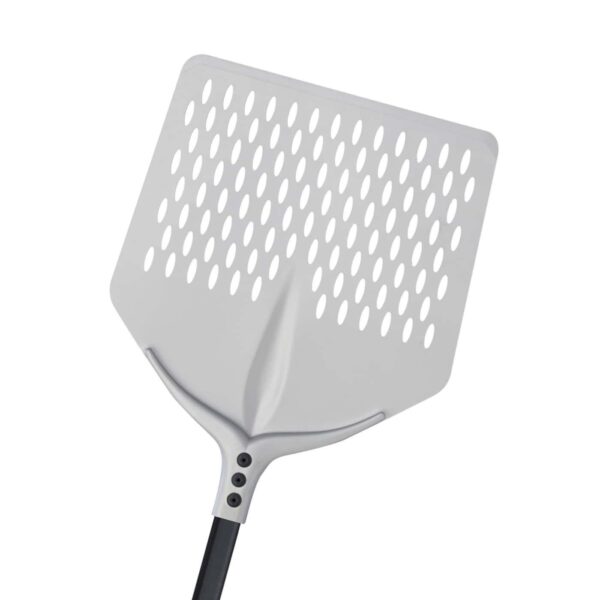 Pala para pizza "Tulip GF" de aluminio anodizado con perforaciones cuadradas.